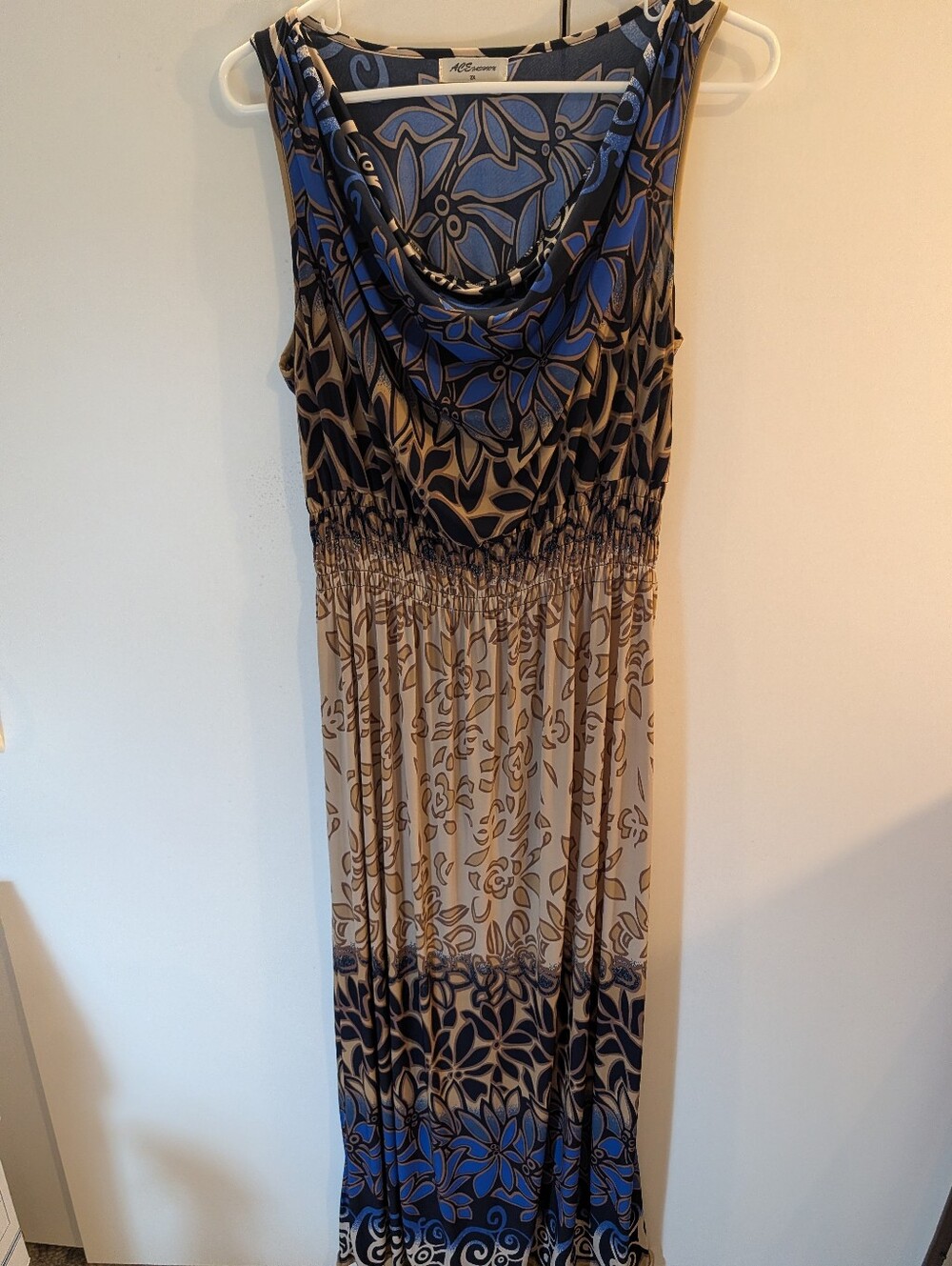 Ace Fashion Woman's 2X Blue and Tan Floral Maxi Sleeveless Dress